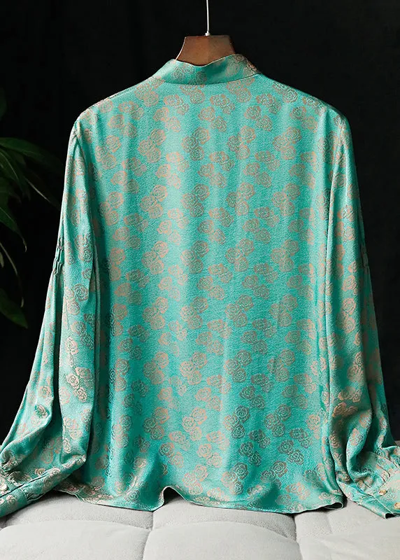 2022 Peacock Green Mandarin Collar Button Jacquard Shirt Tops Long sleeve