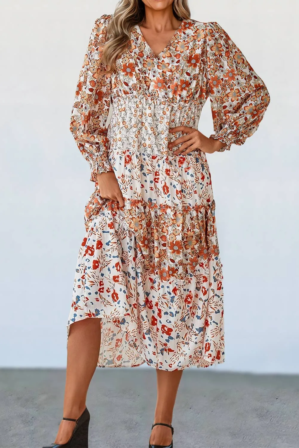Aapparella - Floral Ruffled  Long Sleeve Fall Style Midi Dress | S-XL