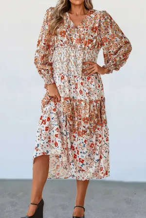Aapparella - Floral Ruffled  Long Sleeve Fall Style Midi Dress | S-XL