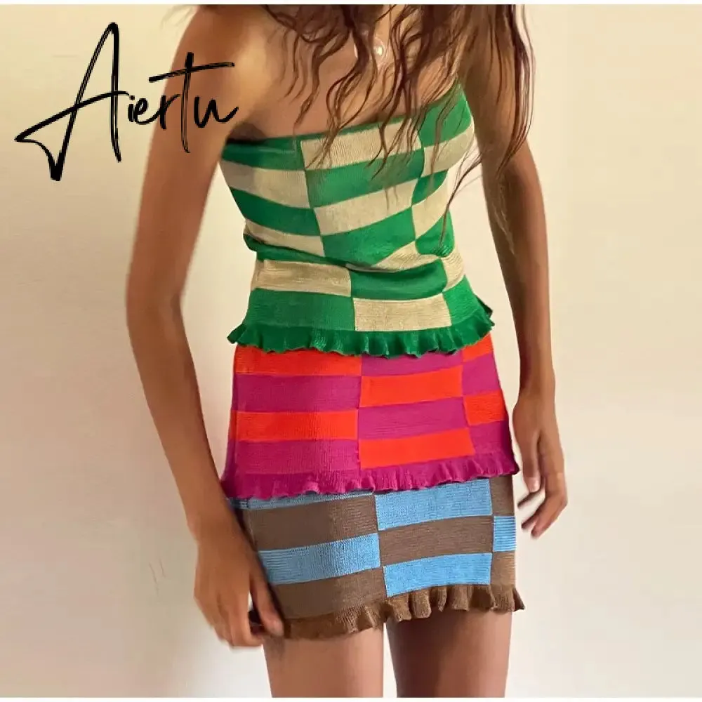 Aiertu Showmirror One Shoulder Knitted Cropped T Shirt Women Striped Casual Off Shoulder Sleeveless T-shirt Ladies Streetwear Teachwear