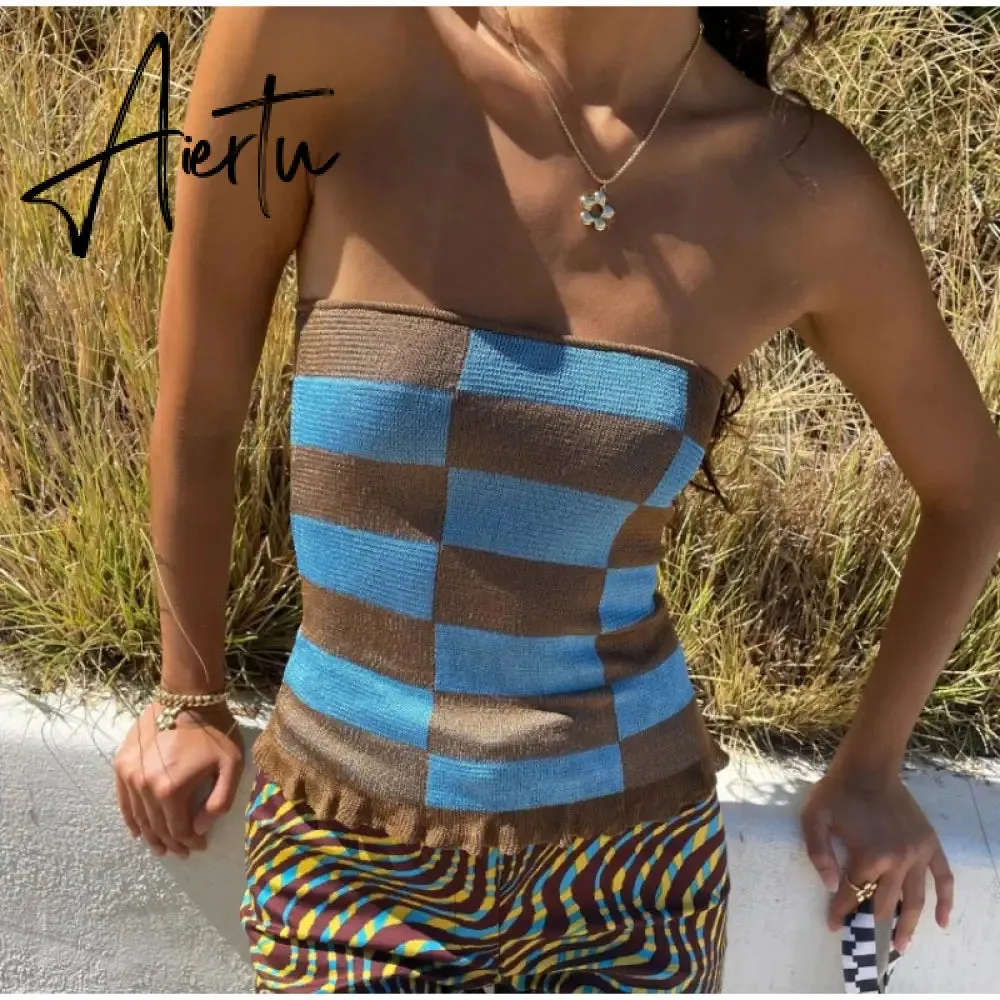 Aiertu Showmirror One Shoulder Knitted Cropped T Shirt Women Striped Casual Off Shoulder Sleeveless T-shirt Ladies Streetwear Teachwear