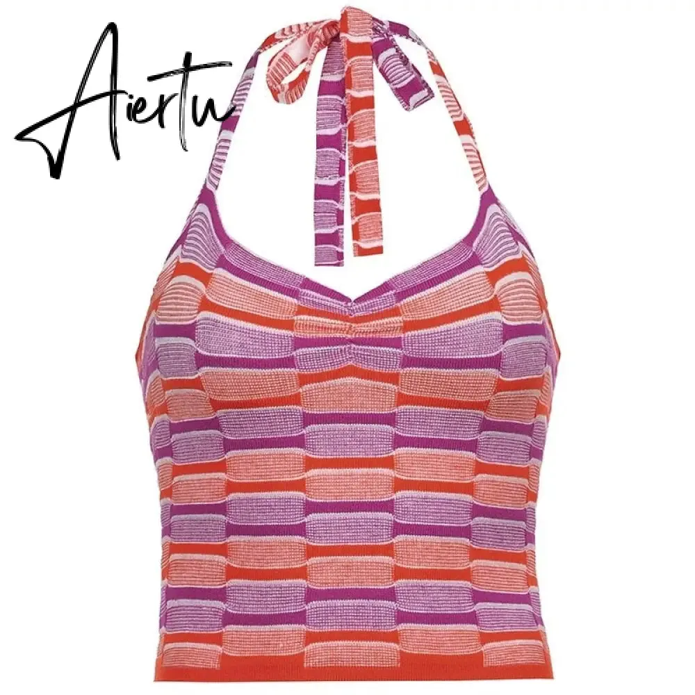 Aiertu Showmirror One Shoulder Knitted Cropped T Shirt Women Striped Casual Off Shoulder Sleeveless T-shirt Ladies Streetwear Teachwear