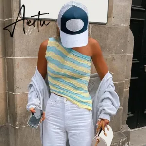 Aiertu Showmirror One Shoulder Knitted Cropped T Shirt Women Striped Casual Off Shoulder Sleeveless T-shirt Ladies Streetwear Teachwear
