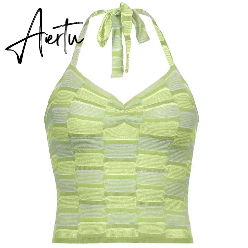 Aiertu Showmirror One Shoulder Knitted Cropped T Shirt Women Striped Casual Off Shoulder Sleeveless T-shirt Ladies Streetwear Teachwear