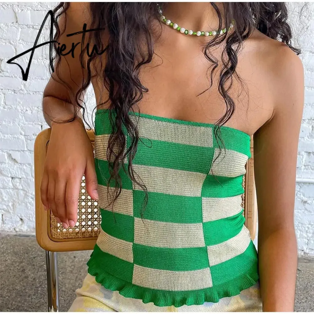 Aiertu Showmirror One Shoulder Knitted Cropped T Shirt Women Striped Casual Off Shoulder Sleeveless T-shirt Ladies Streetwear Teachwear