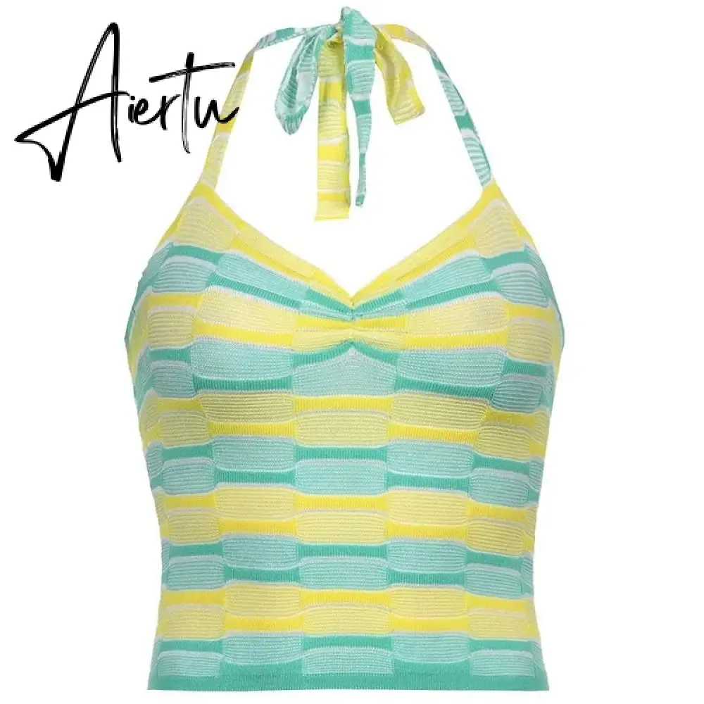 Aiertu Showmirror One Shoulder Knitted Cropped T Shirt Women Striped Casual Off Shoulder Sleeveless T-shirt Ladies Streetwear Teachwear