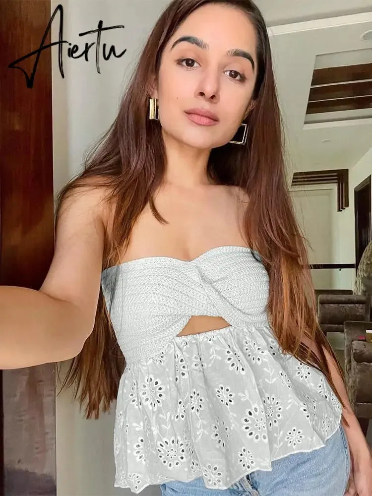 Aiertu Showmirror One Shoulder Knitted Cropped T Shirt Women Striped Casual Off Shoulder Sleeveless T-shirt Ladies Streetwear Teachwear