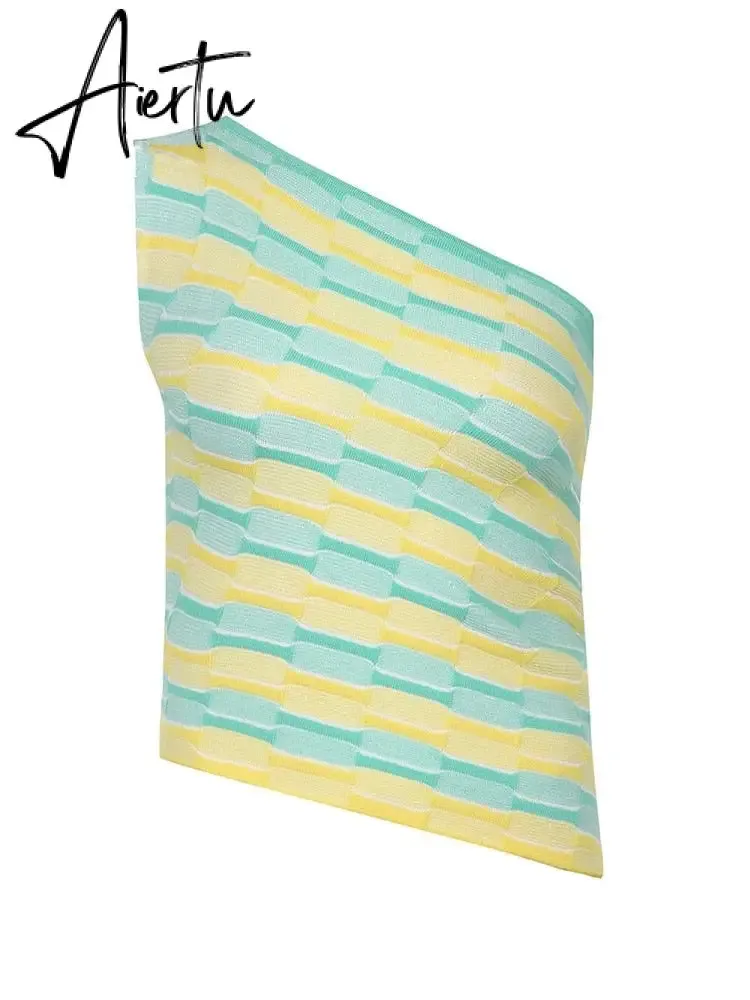 Aiertu Showmirror One Shoulder Knitted Cropped T Shirt Women Striped Casual Off Shoulder Sleeveless T-shirt Ladies Streetwear Teachwear