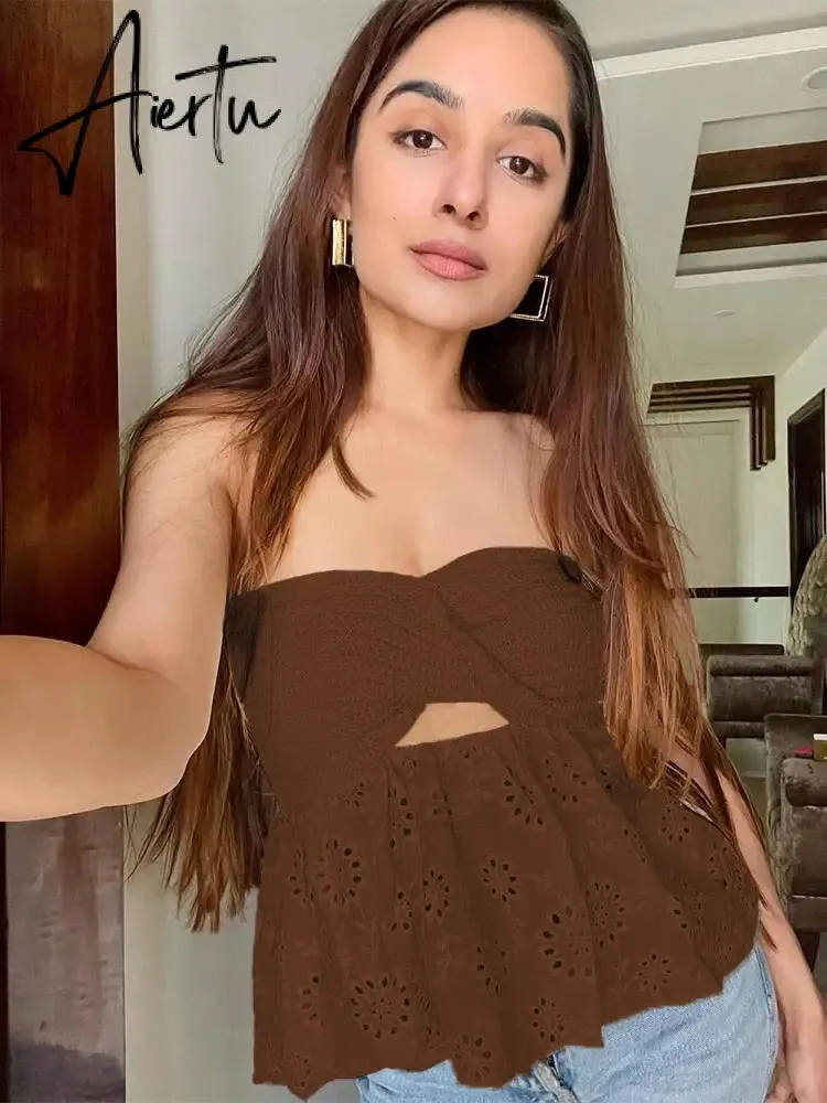 Aiertu Showmirror One Shoulder Knitted Cropped T Shirt Women Striped Casual Off Shoulder Sleeveless T-shirt Ladies Streetwear Teachwear