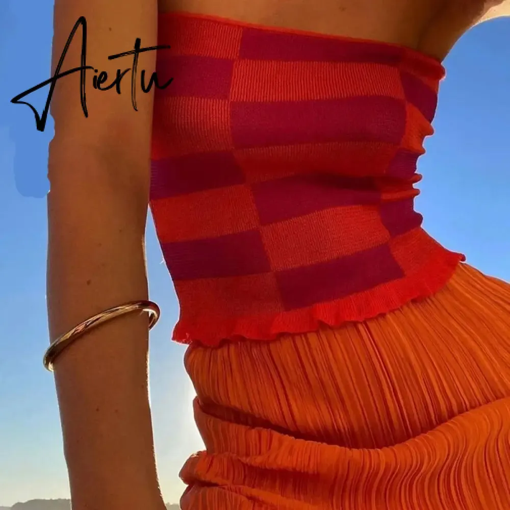 Aiertu Showmirror One Shoulder Knitted Cropped T Shirt Women Striped Casual Off Shoulder Sleeveless T-shirt Ladies Streetwear Teachwear