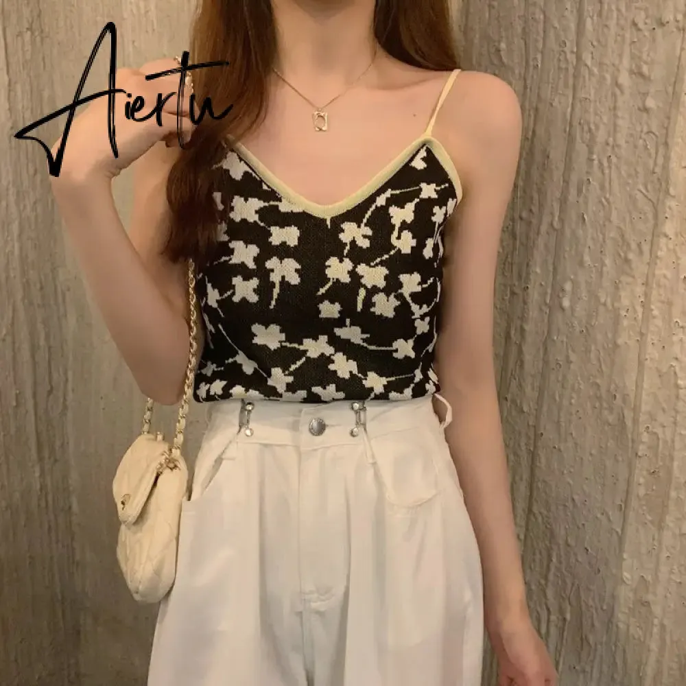 Aiertu Showmirror One Shoulder Knitted Cropped T Shirt Women Striped Casual Off Shoulder Sleeveless T-shirt Ladies Streetwear Teachwear