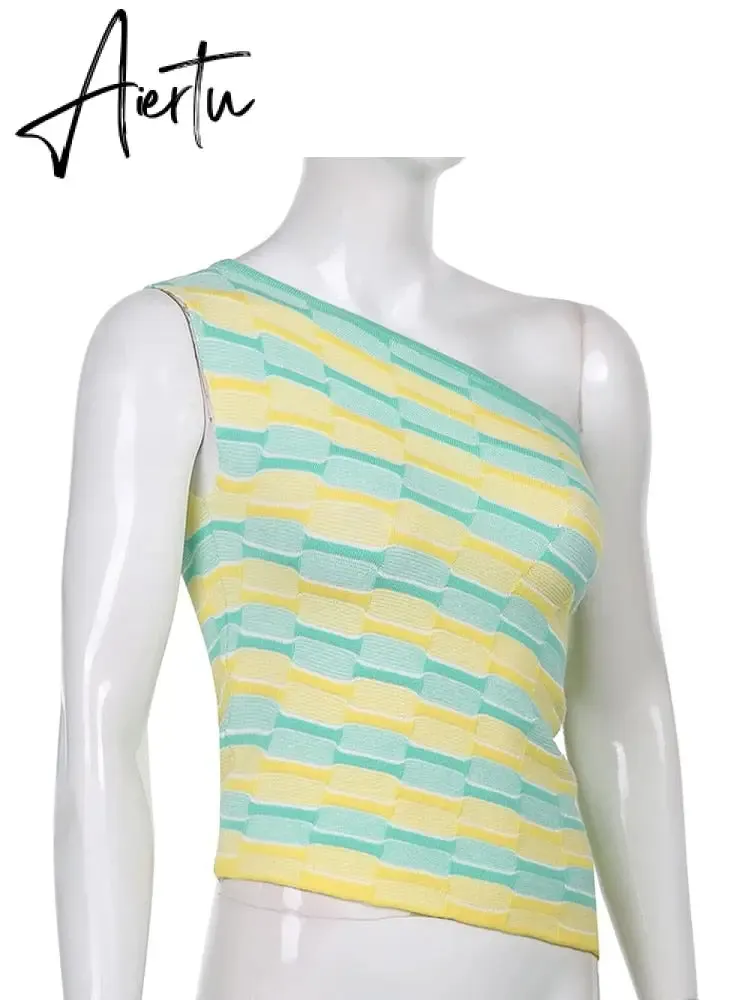Aiertu Showmirror One Shoulder Knitted Cropped T Shirt Women Striped Casual Off Shoulder Sleeveless T-shirt Ladies Streetwear Teachwear