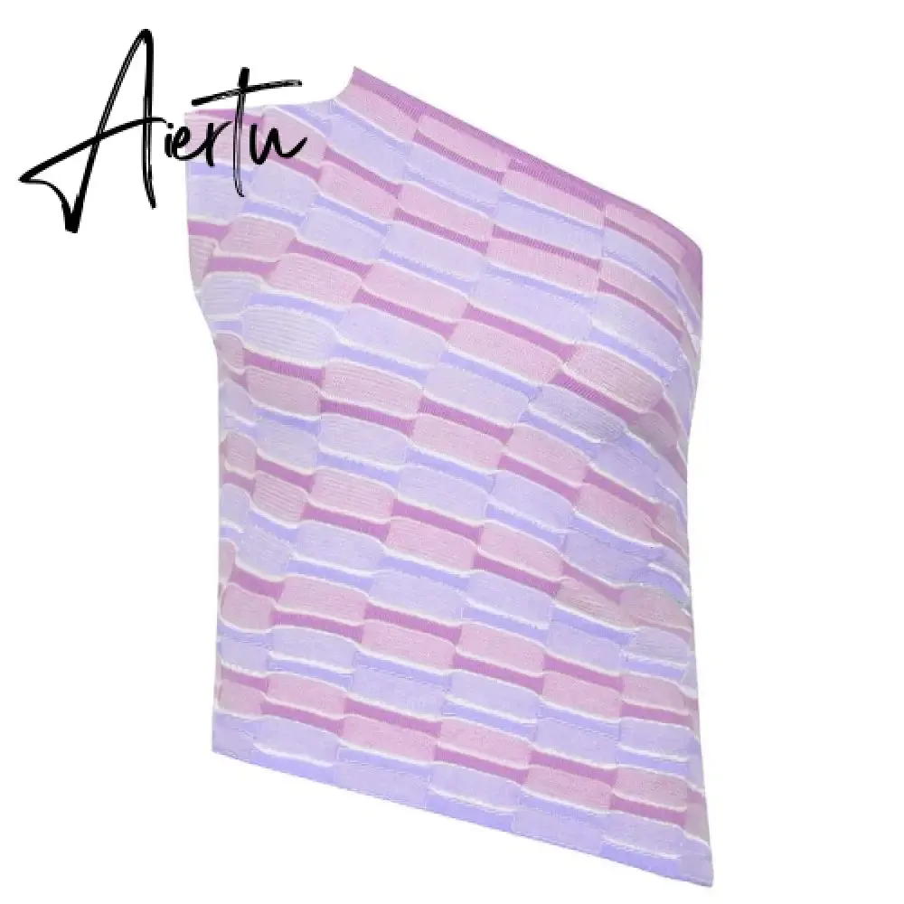 Aiertu Showmirror One Shoulder Knitted Cropped T Shirt Women Striped Casual Off Shoulder Sleeveless T-shirt Ladies Streetwear Teachwear