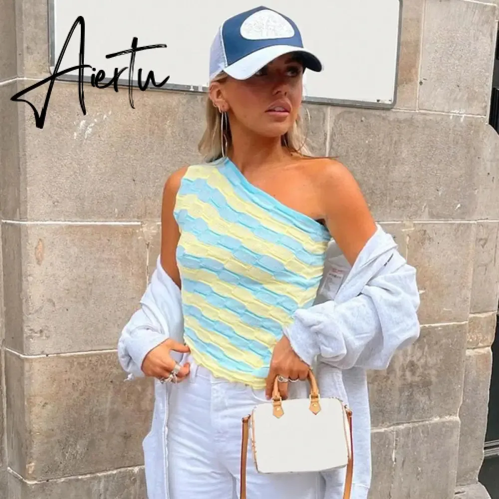 Aiertu Showmirror One Shoulder Knitted Cropped T Shirt Women Striped Casual Off Shoulder Sleeveless T-shirt Ladies Streetwear Teachwear