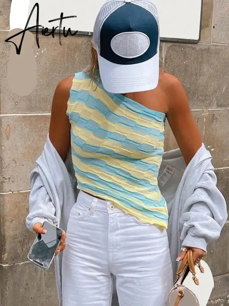 Aiertu Showmirror One Shoulder Knitted Cropped T Shirt Women Striped Casual Off Shoulder Sleeveless T-shirt Ladies Streetwear Teachwear
