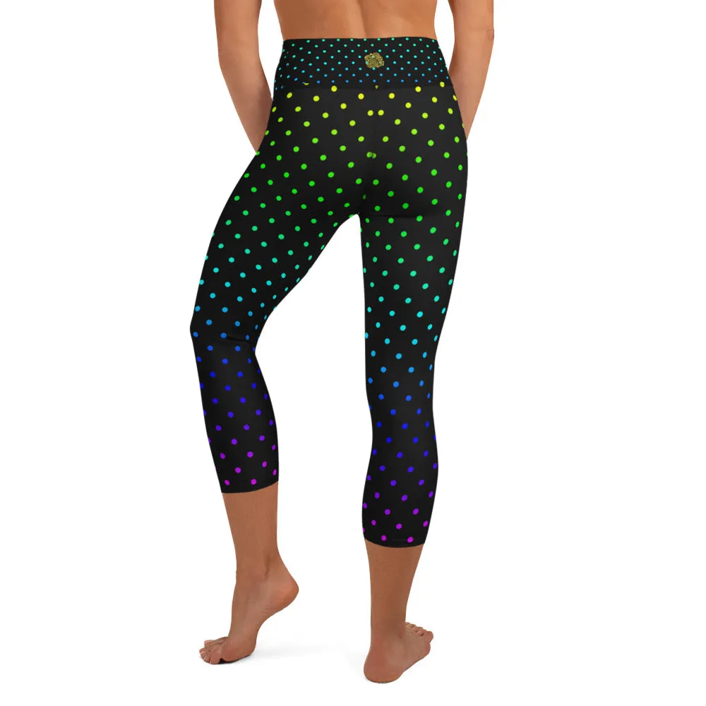 Black Rainbow Dots Capris Leggings, Polka Dots Women's Yoga Capris-Made in USA/EU