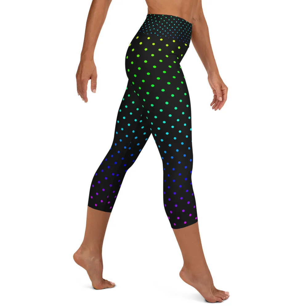 Black Rainbow Dots Capris Leggings, Polka Dots Women's Yoga Capris-Made in USA/EU