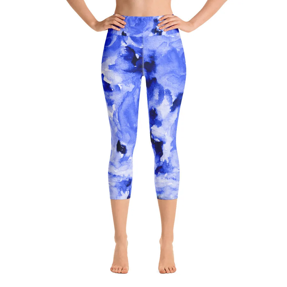Blue Abstract Floral Women's Tights, Best Ocean Blue Rose Floral Print Capri Leggings Yoga Pants - Made in USA (XS-XL)