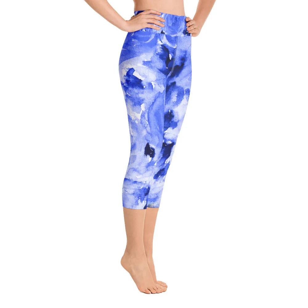 Blue Abstract Floral Women's Tights, Best Ocean Blue Rose Floral Print Capri Leggings Yoga Pants - Made in USA (XS-XL)