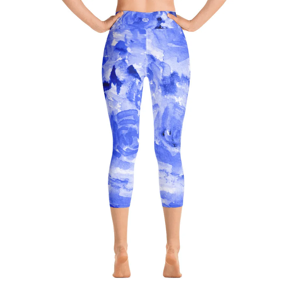 Blue Abstract Floral Women's Tights, Best Ocean Blue Rose Floral Print Capri Leggings Yoga Pants - Made in USA (XS-XL)