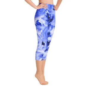 Blue Abstract Floral Women's Tights, Best Ocean Blue Rose Floral Print Capri Leggings Yoga Pants - Made in USA (XS-XL)