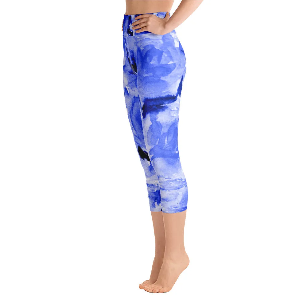Blue Abstract Floral Women's Tights, Best Ocean Blue Rose Floral Print Capri Leggings Yoga Pants - Made in USA (XS-XL)