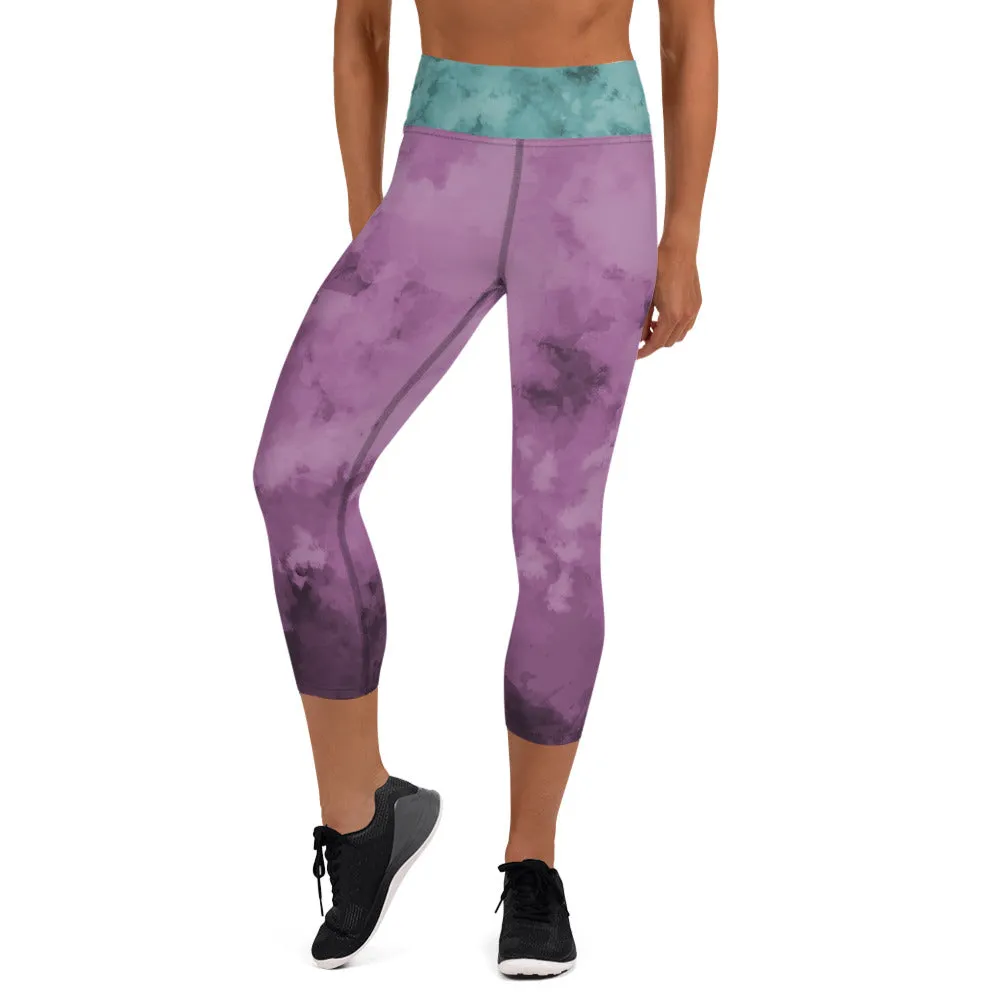 Blue Abstract Yoga Capri Leggings, Patterned Women's Capris Tights-Made in USA/EU/MX