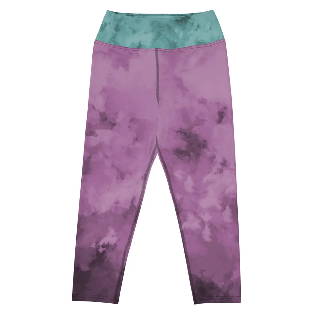 Blue Abstract Yoga Capri Leggings, Patterned Women's Capris Tights-Made in USA/EU/MX