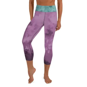 Blue Abstract Yoga Capri Leggings, Patterned Women's Capris Tights-Made in USA/EU/MX