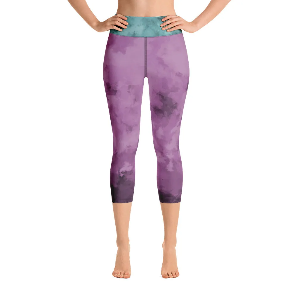 Blue Abstract Yoga Capri Leggings, Patterned Women's Capris Tights-Made in USA/EU/MX