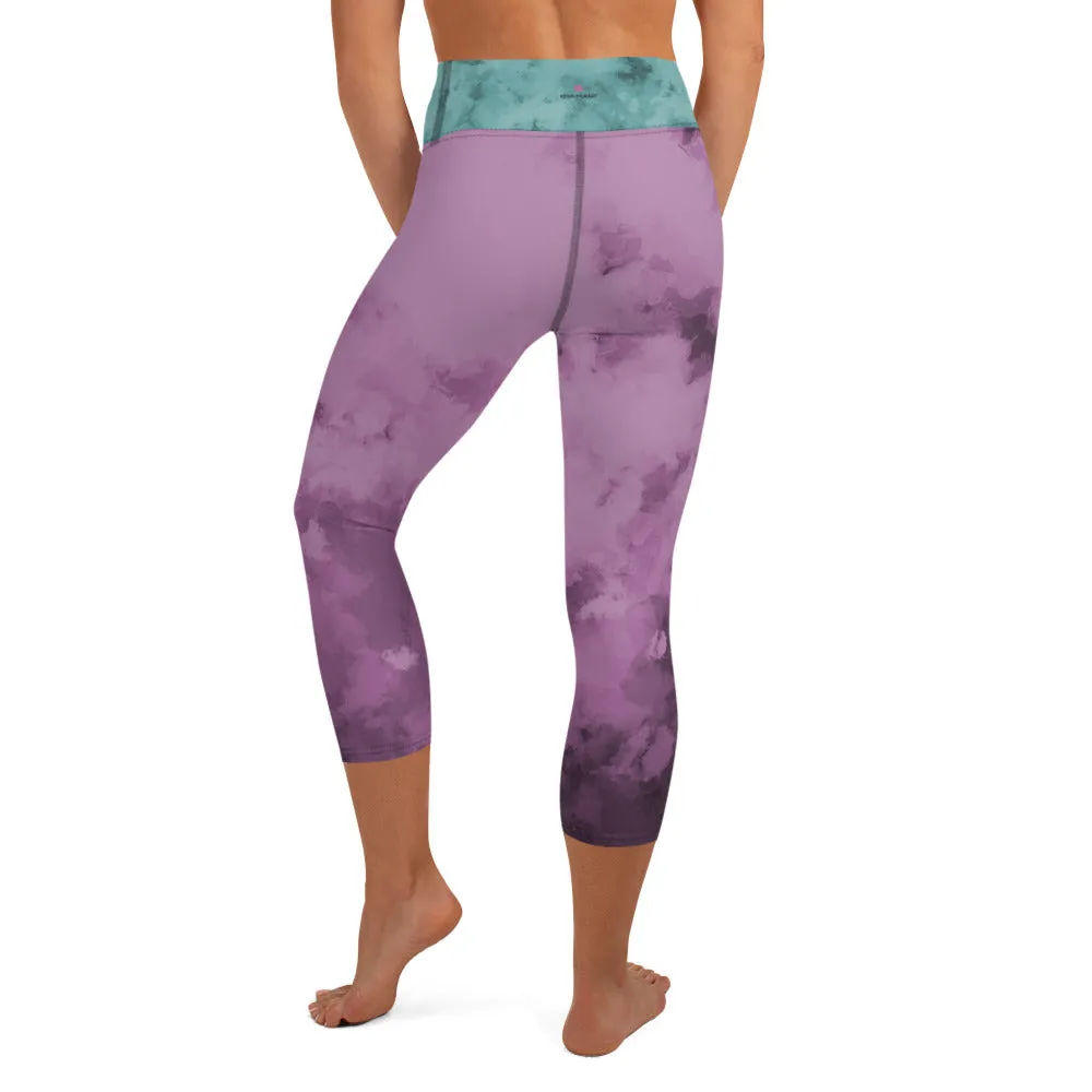 Blue Abstract Yoga Capri Leggings, Patterned Women's Capris Tights-Made in USA/EU/MX