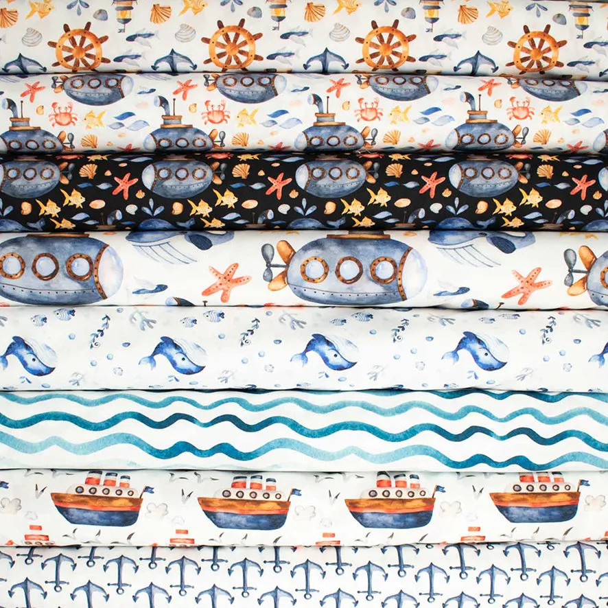 Blue Sea Collection #02 Blue Bubble on White Cotton Prints
