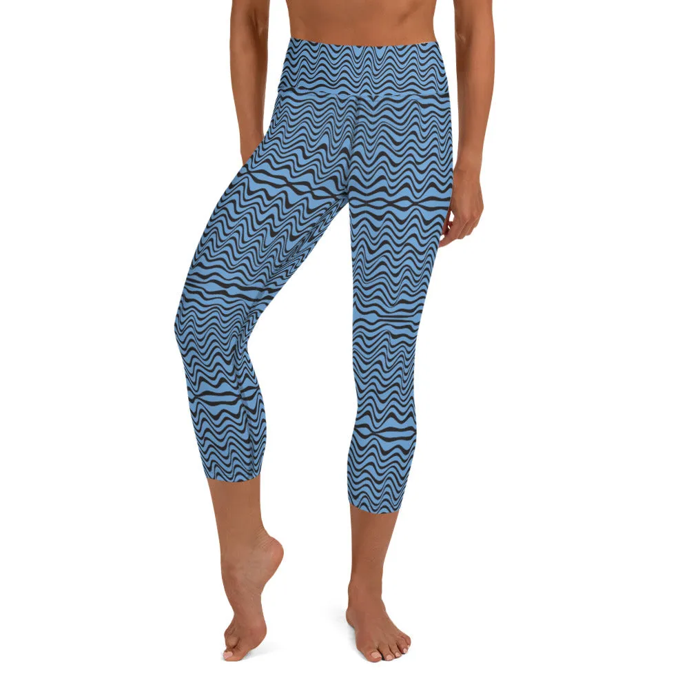 Blue Wavy Yoga Capri Leggings, Abstract Waves Best Women's Capris Tights-Made in USA/EU/MX