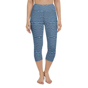 Blue Wavy Yoga Capri Leggings, Abstract Waves Best Women's Capris Tights-Made in USA/EU/MX