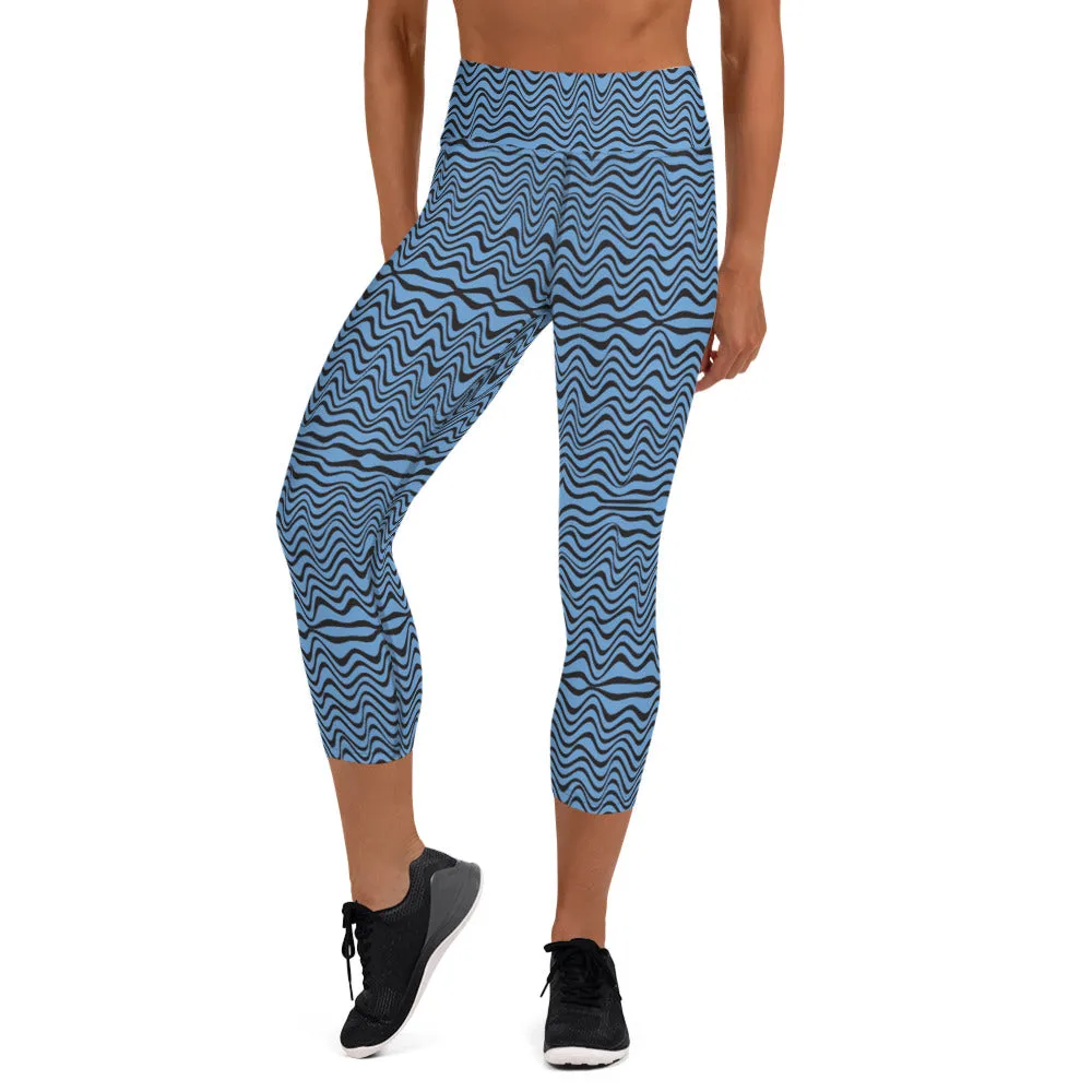 Blue Wavy Yoga Capri Leggings, Abstract Waves Best Women's Capris Tights-Made in USA/EU/MX