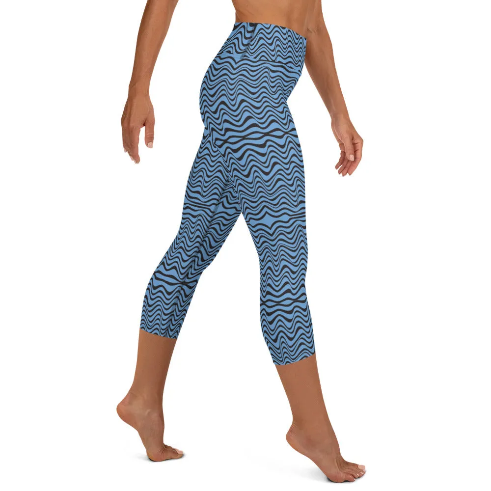 Blue Wavy Yoga Capri Leggings, Abstract Waves Best Women's Capris Tights-Made in USA/EU/MX
