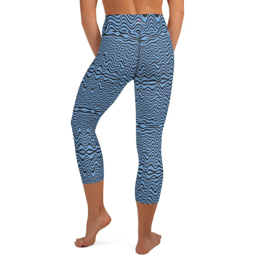 Blue Wavy Yoga Capri Leggings, Abstract Waves Best Women's Capris Tights-Made in USA/EU/MX