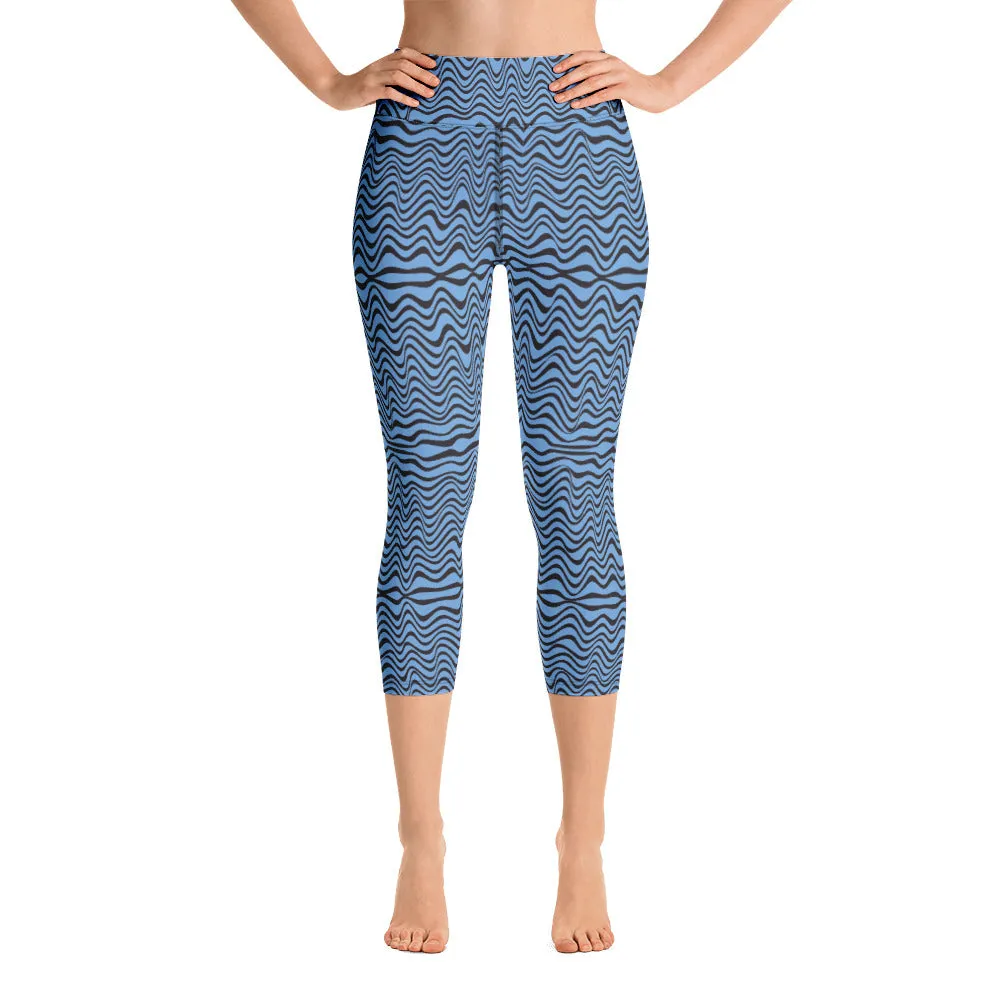 Blue Wavy Yoga Capri Leggings, Abstract Waves Best Women's Capris Tights-Made in USA/EU/MX