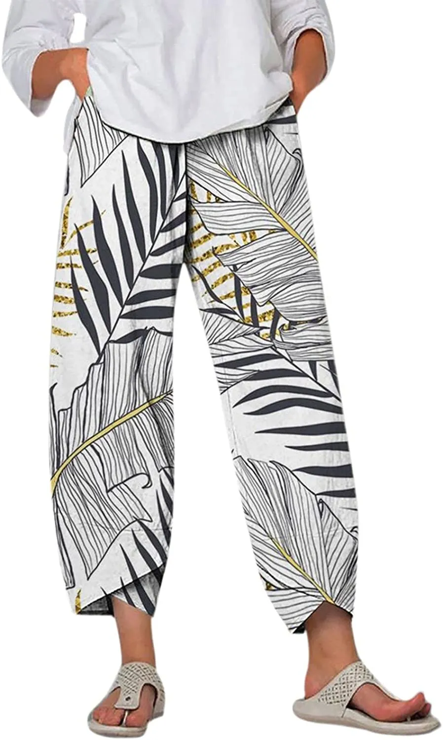Capri Dandelion Pants for Summer Beach Elastic Waist Cropped Pants