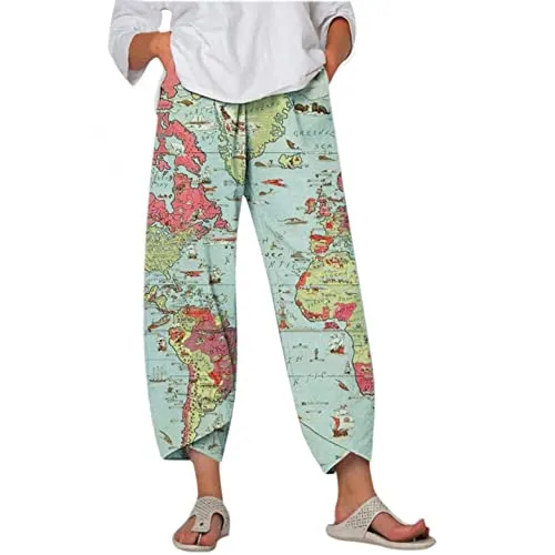 Capri Dandelion Pants for Summer Beach Elastic Waist Cropped Pants