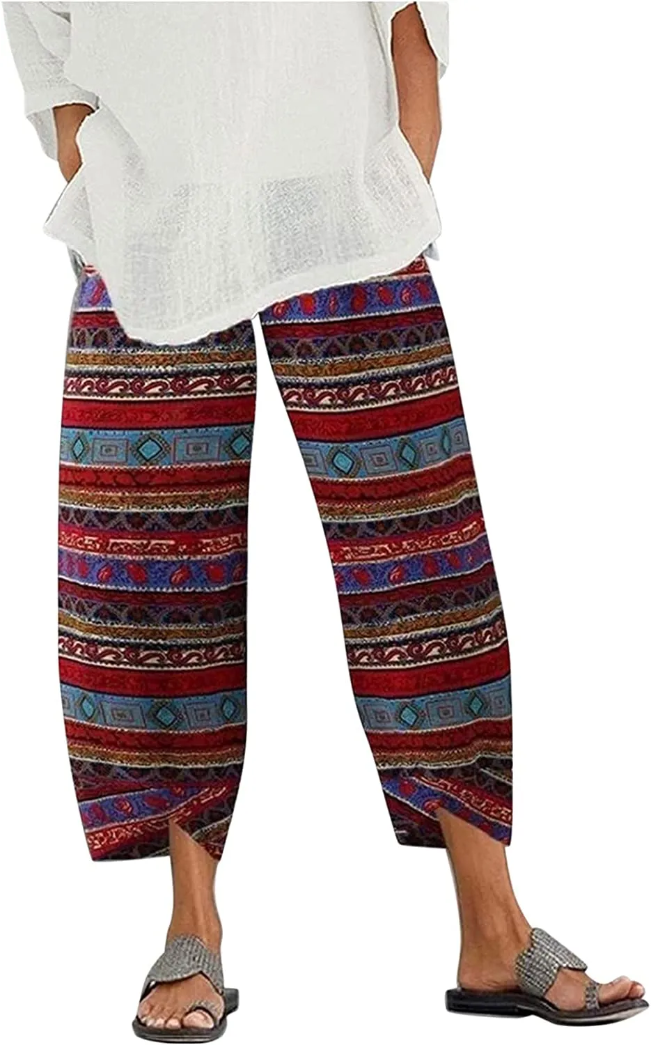 Capri Dandelion Pants for Summer Beach Elastic Waist Cropped Pants