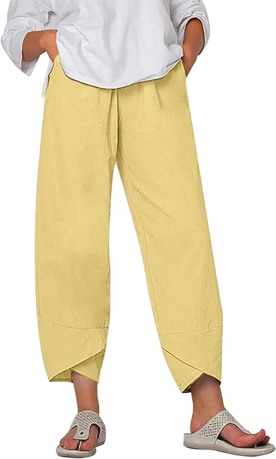 Capri Dandelion Pants for Summer Beach Elastic Waist Cropped Pants