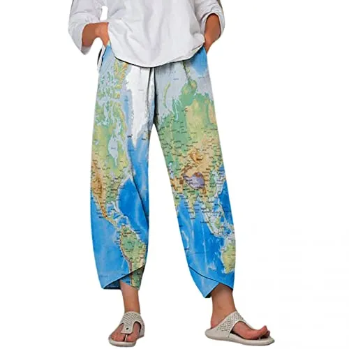 Capri Dandelion Pants for Summer Beach Elastic Waist Cropped Pants
