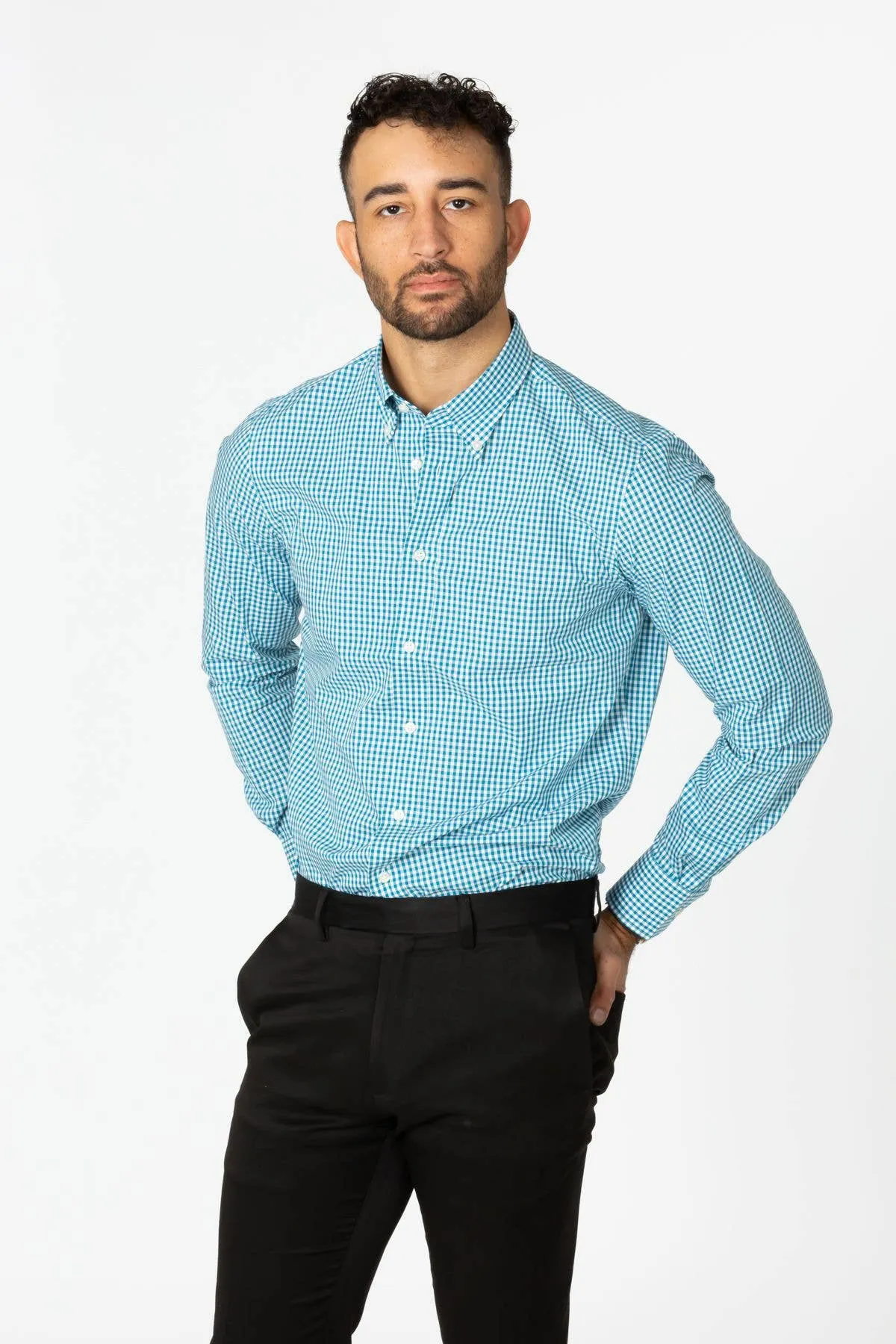 Check Teal Button Down