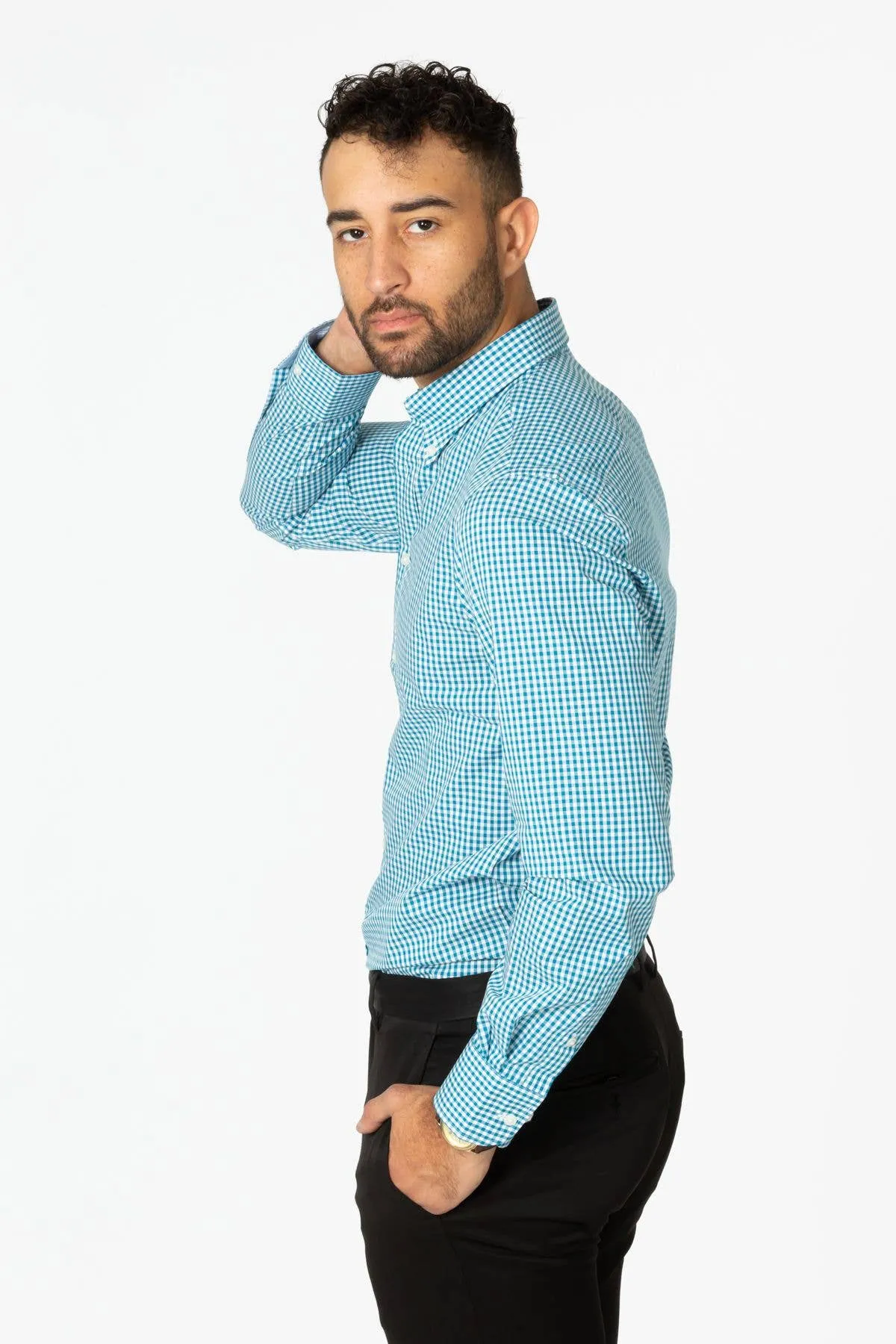 Check Teal Button Down