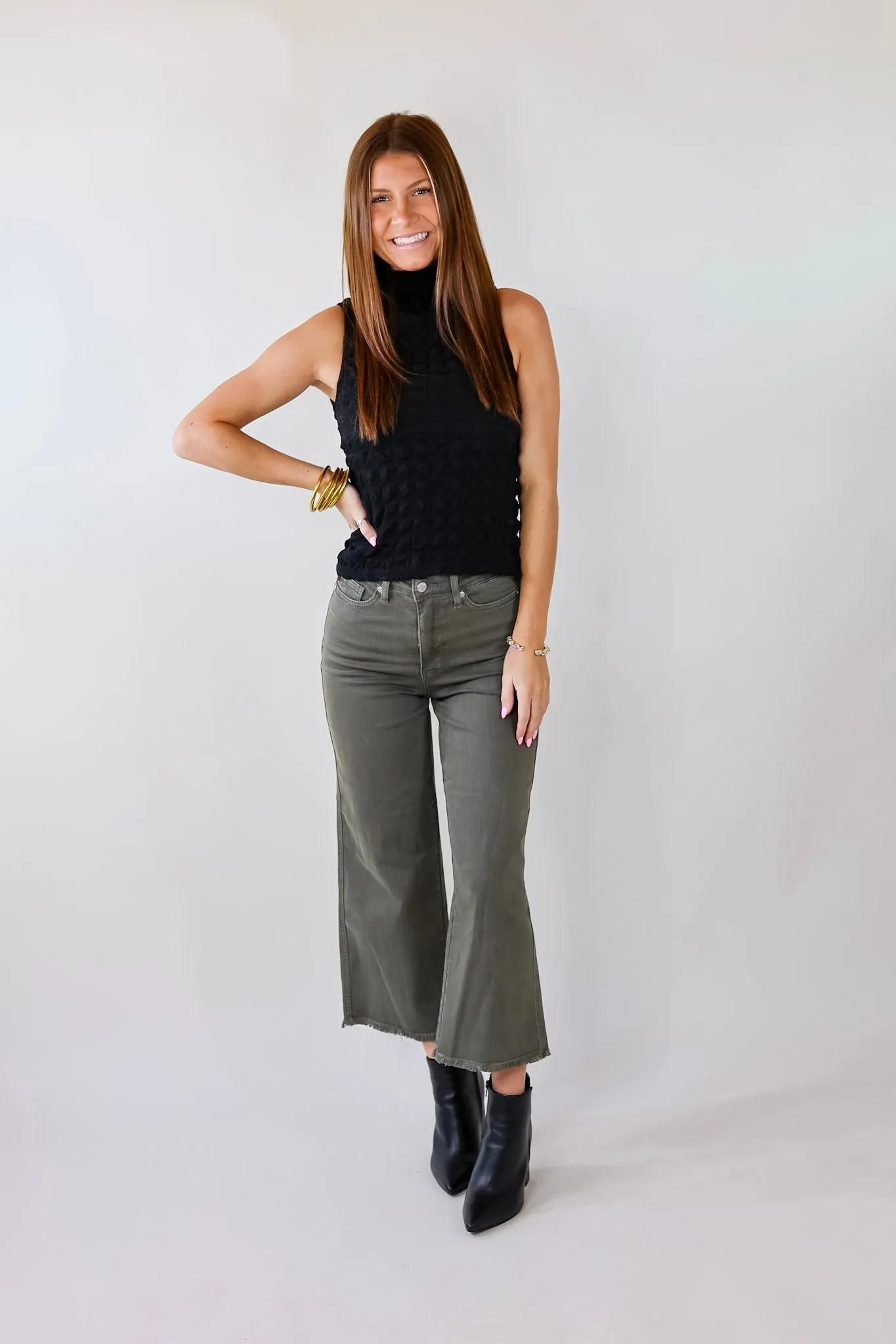 Daring Stares Mock Neck Bubble Tank Top in Black