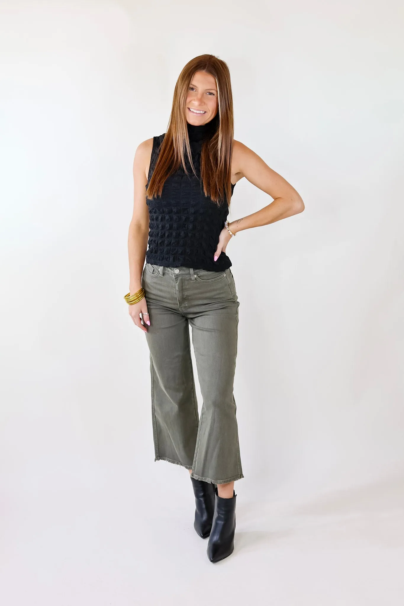 Daring Stares Mock Neck Bubble Tank Top in Black