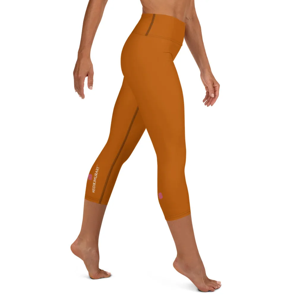 Dark Brown Yoga Capri Leggings, Solid Color Women's Workout Gym Tights- Made in USA/EU/MX