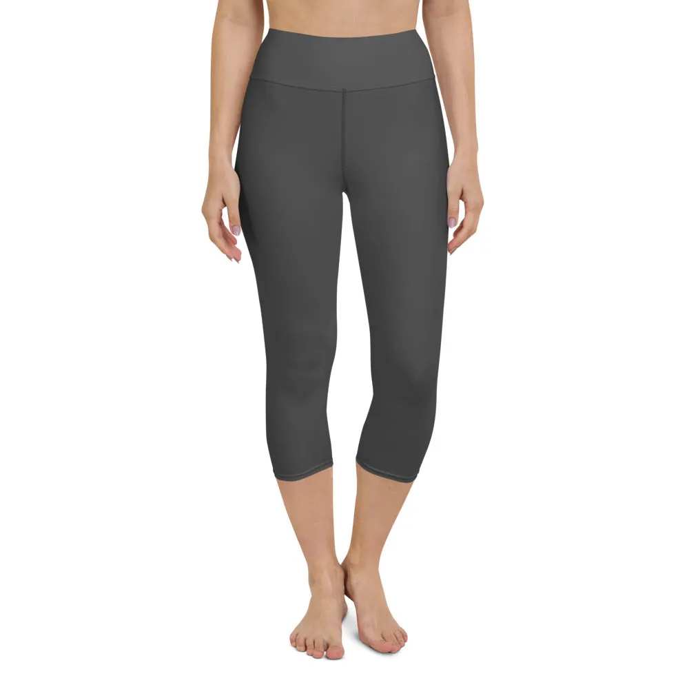 Dark Grey Yoga Capri Leggings, Solid Color Women's Workout Gym Tights- Made in USA/EU/MX