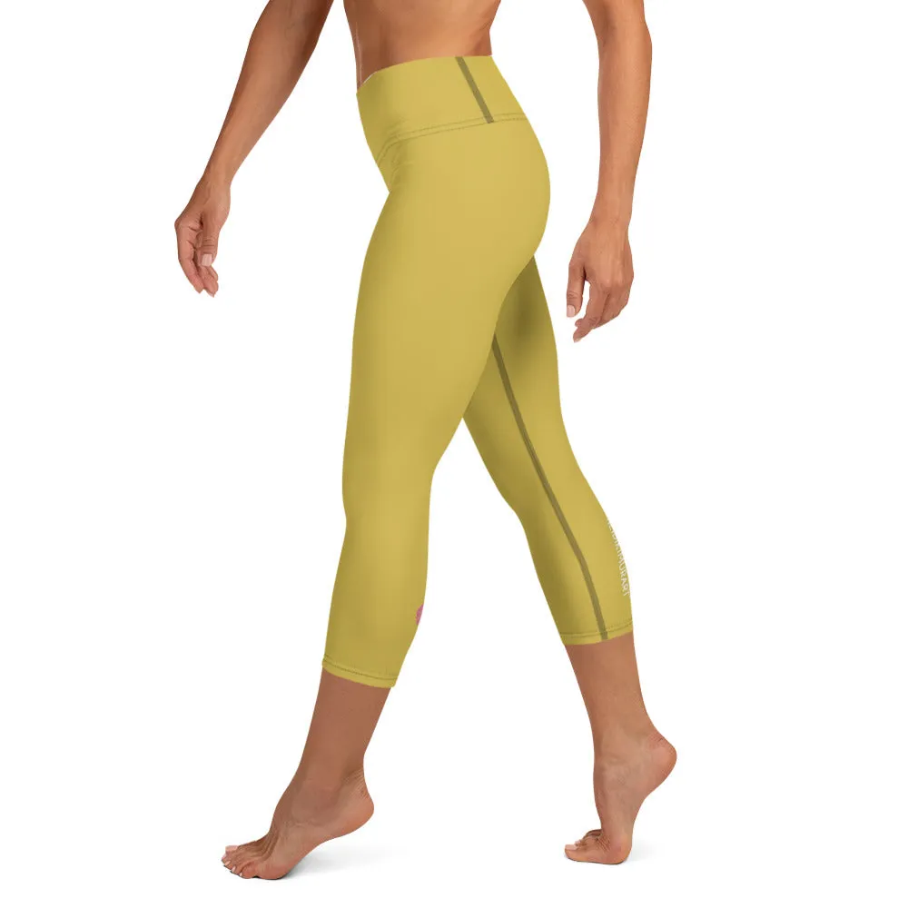 Dusty Yellow Yoga Capri Leggings, Solid Color Women's Workout Gym Tights-Made in USA/EU/MX